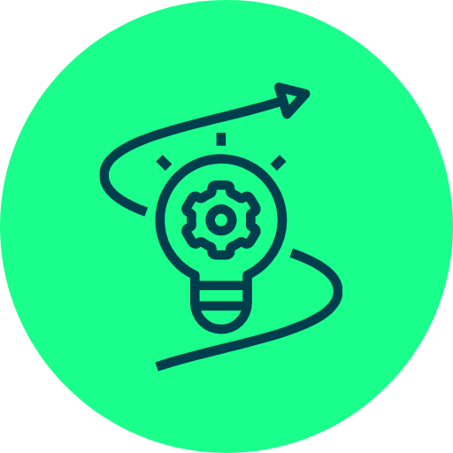 Glühbirne mit Zahnrad und Pfeil, symbolisiert Innovation und Fortschritt.